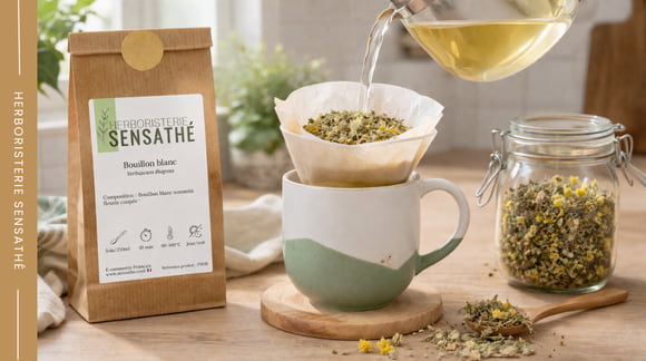 Préparation d’une infusion de bouillon-blanc (molène) avec filtration au filtre à café pour éviter les poils irritants de la plante - Herboristerie Sensathé